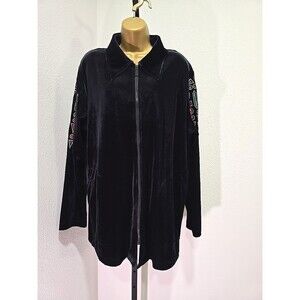 Bob Mackie Velvet Full Zip Jacket Womens Lg Black Embroidered Artistic Grandma